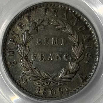 ●一点モノ● フランス 1809年 AKM691 ナポレオン1世　月桂冠   1/2フラン銀貨 極美 【PCGS：AU58】