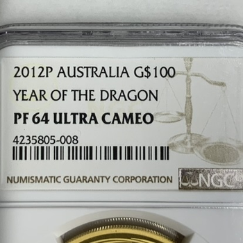 ●一点モノ● オーストラリア 2012年 PKM1674 十二支２次辰（龍）  100ドル金貨 プルーフ 【NGC:PF64 ULTRA CAMEO】