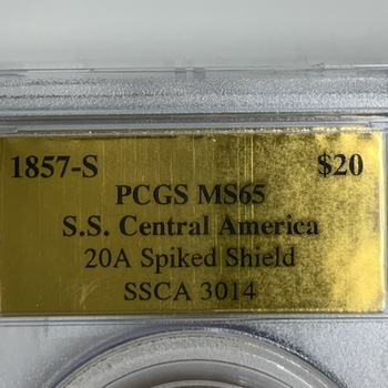 ●一点モノ● アメリカ 1857年 S　KM74.1 女神頭像 S.S.Central America号引き上げ品 20ドル金貨 未使用 【PCGS：MS65】