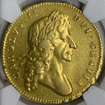 ●一点モノ● 英国 1680年　KM444.1 チャールズ2世 5ギニー金貨 美品 【NGC：AU Details】