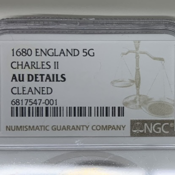 ●一点モノ● 英国 1680年　KM444.1 チャールズ2世 5ギニー金貨 美品 【NGC：AU Details】