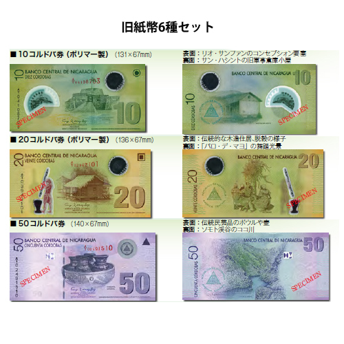 ニカラグア 2007年 旧紙幣6種セット（10、 20、 50、 100、 200、 500コルドバ券） 未使用