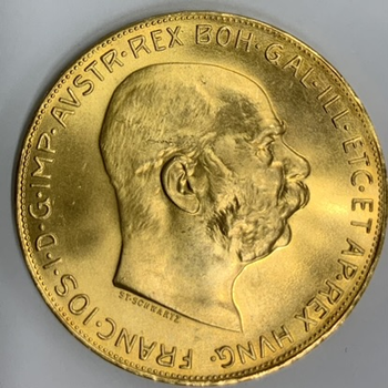 ●一点モノ● オーストリア 1915年KM2819 フランツ・ヨセフ 100コロナ再鋳金貨 未使用