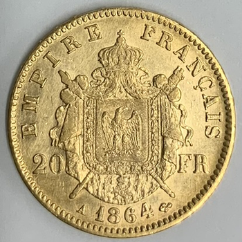 ●一点モノ● フランス 1864年AKM801 ナポレオン3世　月桂冠 20フラン金貨  極美