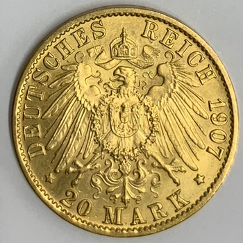 ●一点モノ● ドイツ 1907年プロイセン KM521 ヴィルヘルム2世 20マルク金貨  未使用