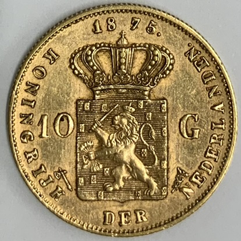 ●一点モノ● オランダ 1875年KM105 ウィレム3世　年号冠上 10グルテン金貨 洗い 美品