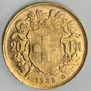 ●一点モノ● スイス 1935年KM35.1 ブレネリ　アルプスの少女 20フラン金貨  未使用
