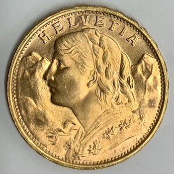●一点モノ● スイス 1949年KM35.2 ブレネリ　アルプスの少女 20フラン金貨  未使用