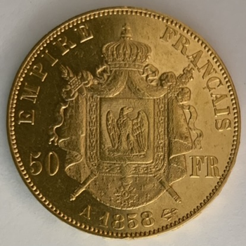●一点モノ● フランス 1858年Aナポレオン3世 無冠 50フラン金貨  極美