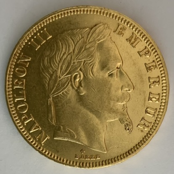 ●一点モノ● フランス 1862年ナポレオン3世 月桂冠 BBミント 50フラン金貨  極美 AU-
