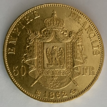 ●一点モノ● フランス 1862年ナポレオン3世 月桂冠 BBミント 50フラン金貨  極美 AU-