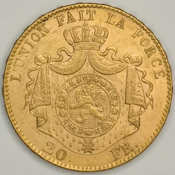 ●一点モノ● ベルギー 1869年 レオポルド2世 20フラン金貨  極未 MS