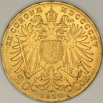 ●一点モノ● オーストリア 1915年 フランツ・ヨセフ 20コロナ金貨  極美 AU-