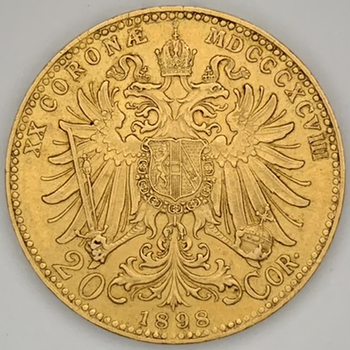●一点モノ● オーストリア 1898年オーストリア帝国 フランツ・ヨセフ 20コロナ金貨  極美 AU cleaned