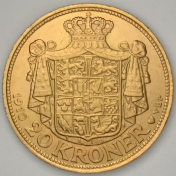 ●一点モノ● デンマーク 1910年 フレデリック8世 20クローネ金貨  極美+ AU