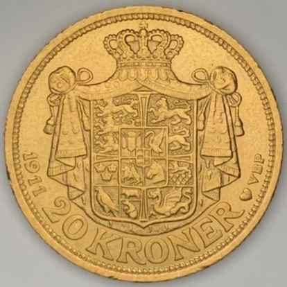●一点モノ● デンマーク 1911年 フレデリック8世 20クローネ金貨  極美 AU