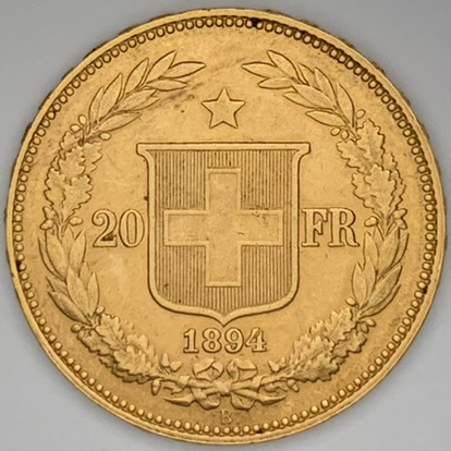 ●一点モノ● スイス 1894年 少女頭像 20フラン金貨  未使用