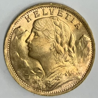 アルプスの少女】 1935年 ブレネリ 20フラン 金貨 MS65-