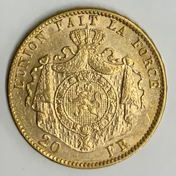 ●一点モノ● ベルギー 1877年KM37 レオポルド2世 20フラン金貨 スクラッチ有 美品