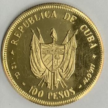 ●一点モノ● キューバ 1977年KM43/Y35 セスペデス像 100ペソ金貨  プルーフ