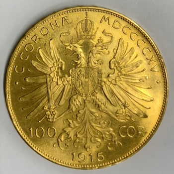●一点モノ● オーストリア 1915年KMｰ2819 フランツ・ヨセフ 100コロナ再鋳金貨  未使用　MS
