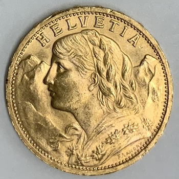 ●一点モノ● スイス 1930年KM35.1/Y41 ブレネリ　アルプスの少女 20フラン金貨  未使用