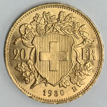 ●一点モノ● スイス 1930年KM35.1/Y41 ブレネリ　アルプスの少女 20フラン金貨  未使用