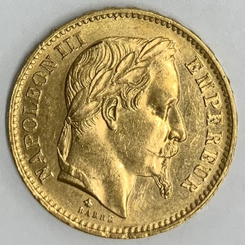 ●一点モノ● フランス 1868年Aナポレオン3世 月桂冠 20フラン金貨  極美