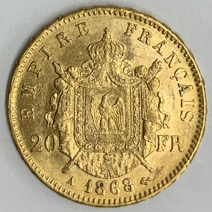 ○一点モノ○ フランス 1868年Aナポレオン3世 月桂冠 20フラン金貨 極 
