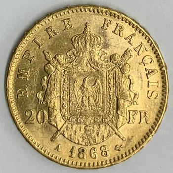 ●一点モノ● フランス 1868年Aナポレオン3世 月桂冠 20フラン金貨  極美