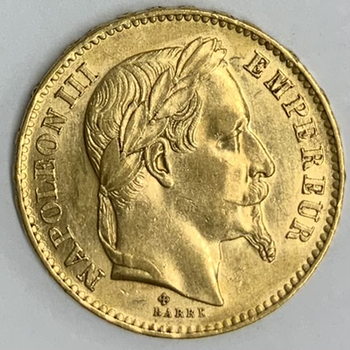 ●一点モノ● フランス 1868年BBナポレオン3世 月桂冠 20フラン金貨  極美