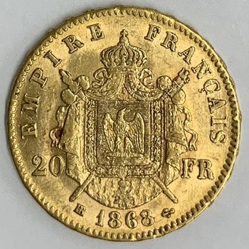 ●一点モノ● フランス 1868年BBナポレオン3世 月桂冠 20フラン金貨  極美