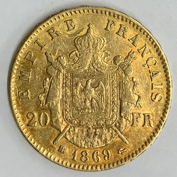 ●一点モノ● フランス 1869年BBナポレオン3世 月桂冠 20フラン金貨  美品