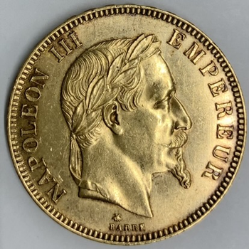 ●一点モノ● フランス 1869年AKM802.1 ナポレオン3世　月桂冠 100フラン金貨 磨き有 美／極美