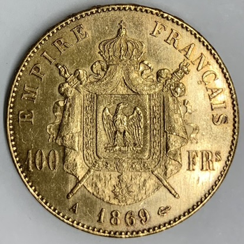 ●一点モノ● フランス 1869年AKM802.1 ナポレオン3世　月桂冠 100フラン金貨 磨き有 美／極美
