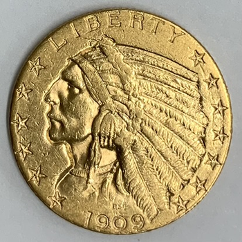 ●一点モノ● アメリカ 1909年インディアン頭像  5ドル金貨  美品