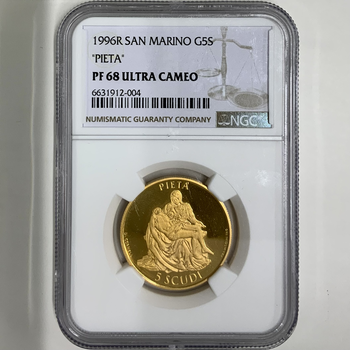 ●一点モノ● サンマリノ 1996年R KMｰ343 ミケランジェロ　ピエタ　聖母図 5スクーディ金貨 プルーフ NGC：PF68 ULTRA CAMEO　