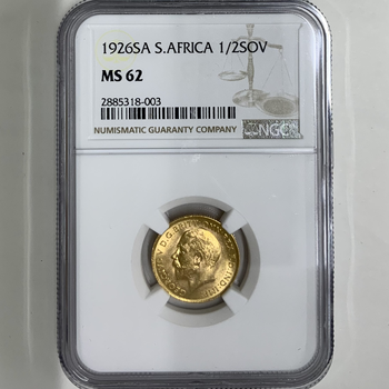 ●一点モノ● 南アフリカ 1926年SA KM20 ジョージ5世 1/2ソブリン金貨 未使用 NGC：MS62　