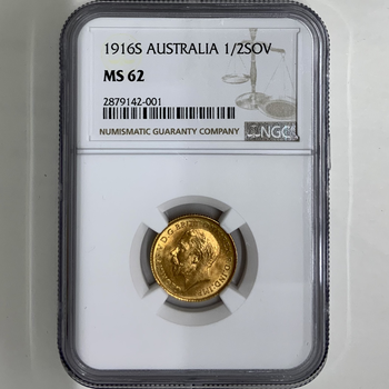 ●一点モノ● オーストラリア 1916年S KM28 ジョージ5世 1/2ソブリン金貨 未使用 NGC：MS62　
