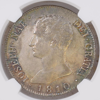 ●一点モノ● スペイン 1810年M AI KM551.2 Ｊ・ナポレオン像 20レアル銀貨 美／極美 NGC：AU58　