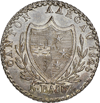 ●一点モノ● スイス 1826年 KM23 アールガウ州 楯図 5バッツェン銀貨 未使用 NGC：MS66　