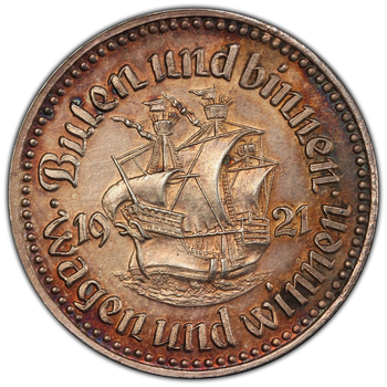 ●一点モノ● ワイマール共和国 1921年 ブレーメン 帆船図 50ペニッヒ試鋳銀貨 未使用 PCGS：MS63　