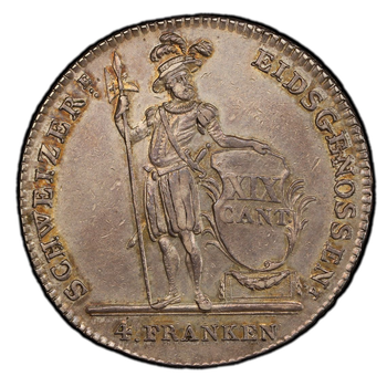 ●一点モノ● スイス 1814年 KM109　ルツェルン州 騎士像 4フランケン銀貨 極美／未 PCGS：AU58　好トーン　