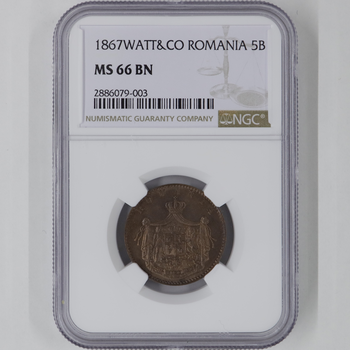 ●一点モノ● ルーマニア 1867年Watt＆Co.KM3.2 カロル1世 5バニ銅貨 未使用 NGC：MS66BN