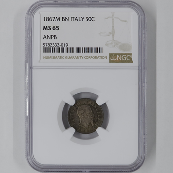 ●一点モノ● イタリア 1867年M BN KM14.2 エマヌエル2世 50センテシミ銀貨 未使用 NGC：MS65　