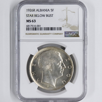 ●一点モノ● アルバニア 1926年RKM8 ゾグー1世 5フランカリ銀貨 未使用 NGC：MS63