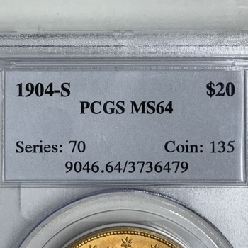 ●一点モノ● アメリカ 1904年SKM74.3 女神頭像 20ドル金貨 【PCGS:MS64】 未使用