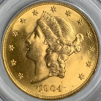 ●一点モノ● アメリカ 1904年KM74.3 女神頭像 20ドル金貨 完全未使用 【PCGS:MS65】