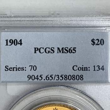 ●一点モノ● アメリカ 1904年KM74.3 女神頭像 20ドル金貨 完全未使用 【PCGS:MS65】