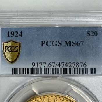 ●一点モノ● アメリカ 1924年KM131 女神立像 20ドル金貨 完全未使用 【PCGS:MS67】